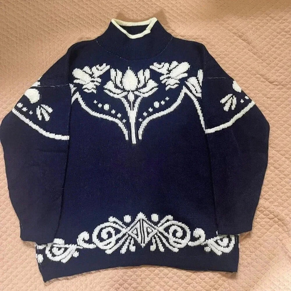 Vintage David Brett Women's Sweater M Blue & white Floral Mockneck retro y2k 80' - Picture 1 of 8